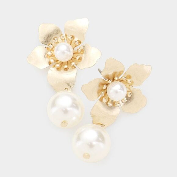 Tell Your Tale Metal Flower & Pearl Dangle Gold Earrings - Picture 3 of 6